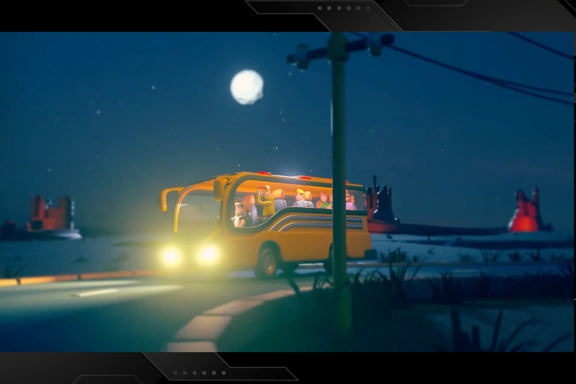 a bus driving at night