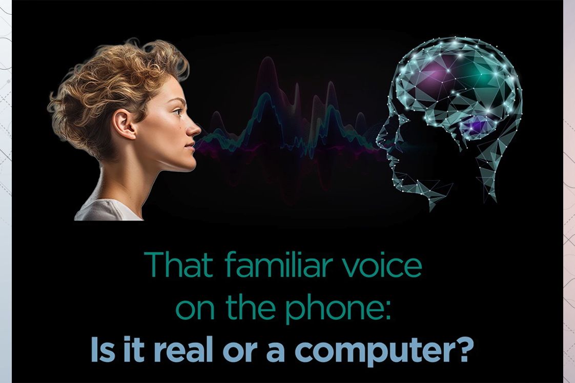 a woman and a digital face connected by soundwaves