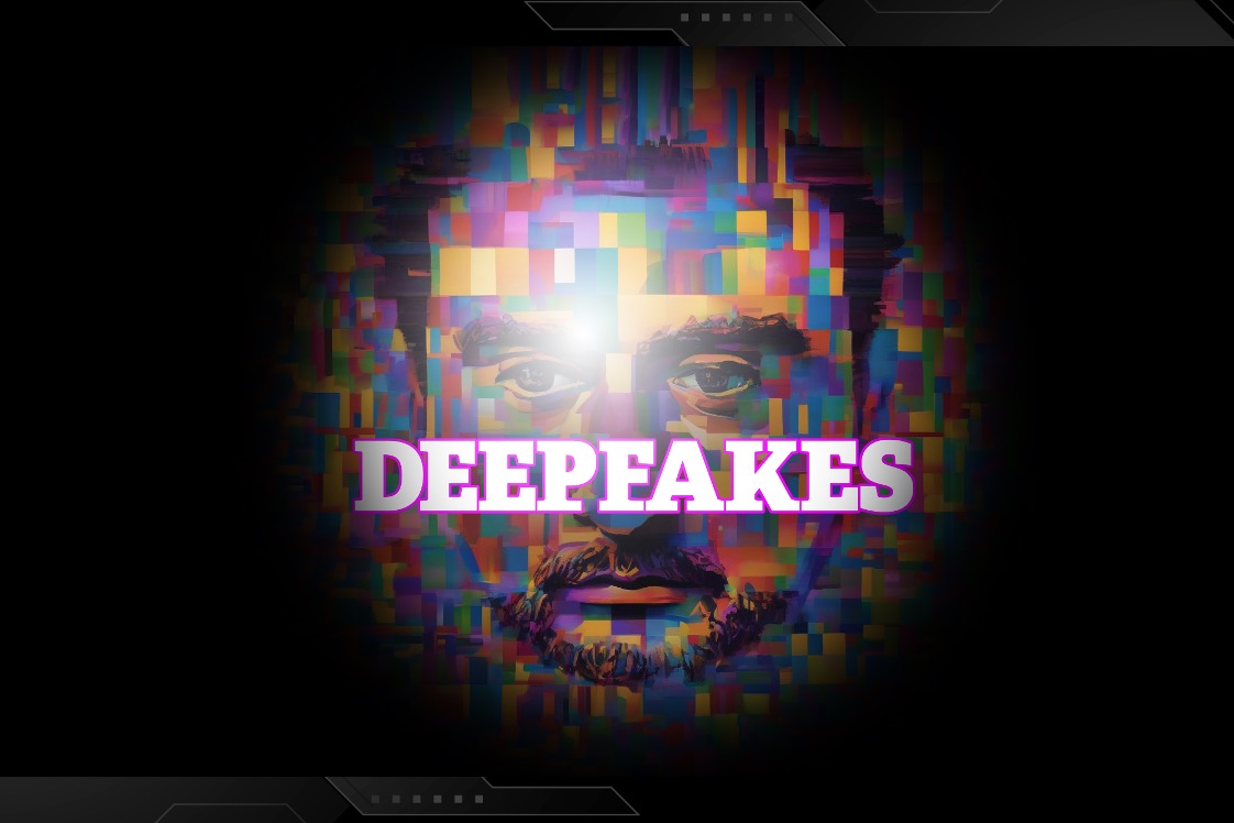 A face made of multi-colored shapes with the text "Deepfakes"