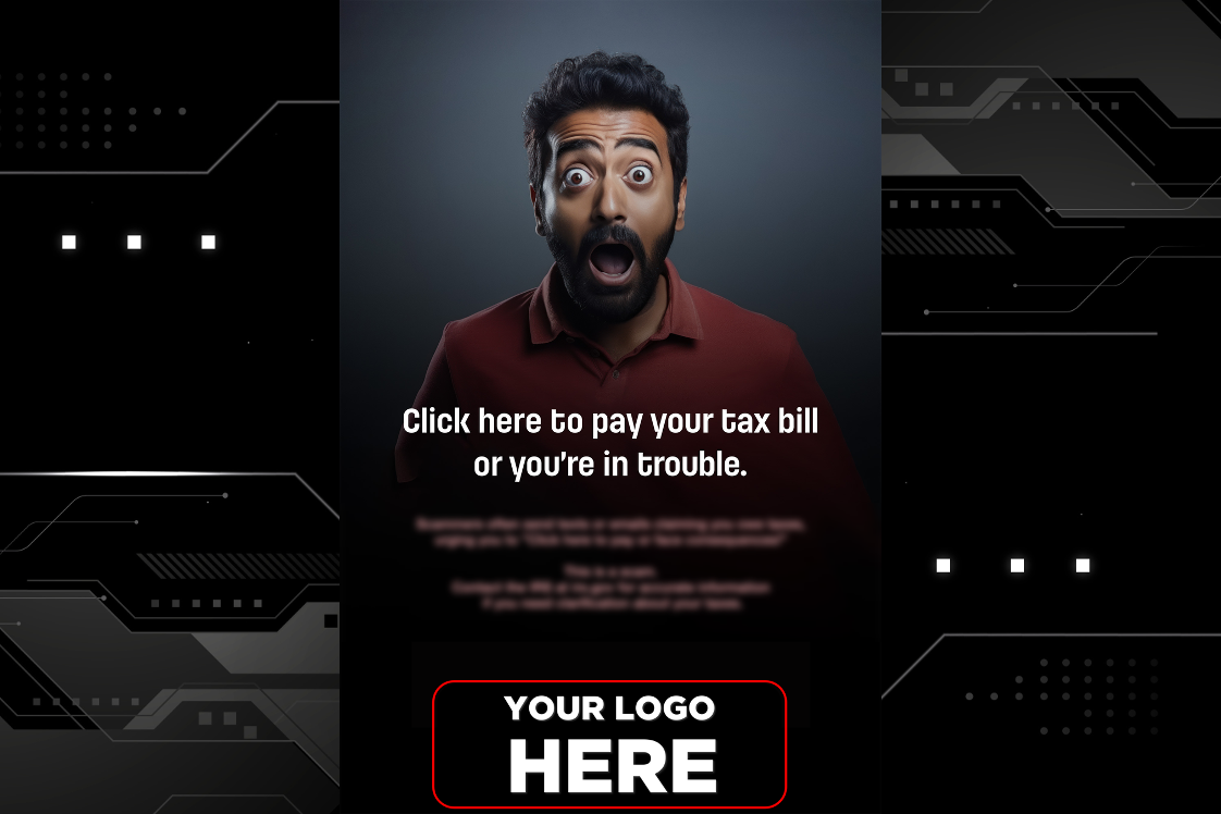 A surprised man and the text pay your tax bill or you're in trouble.