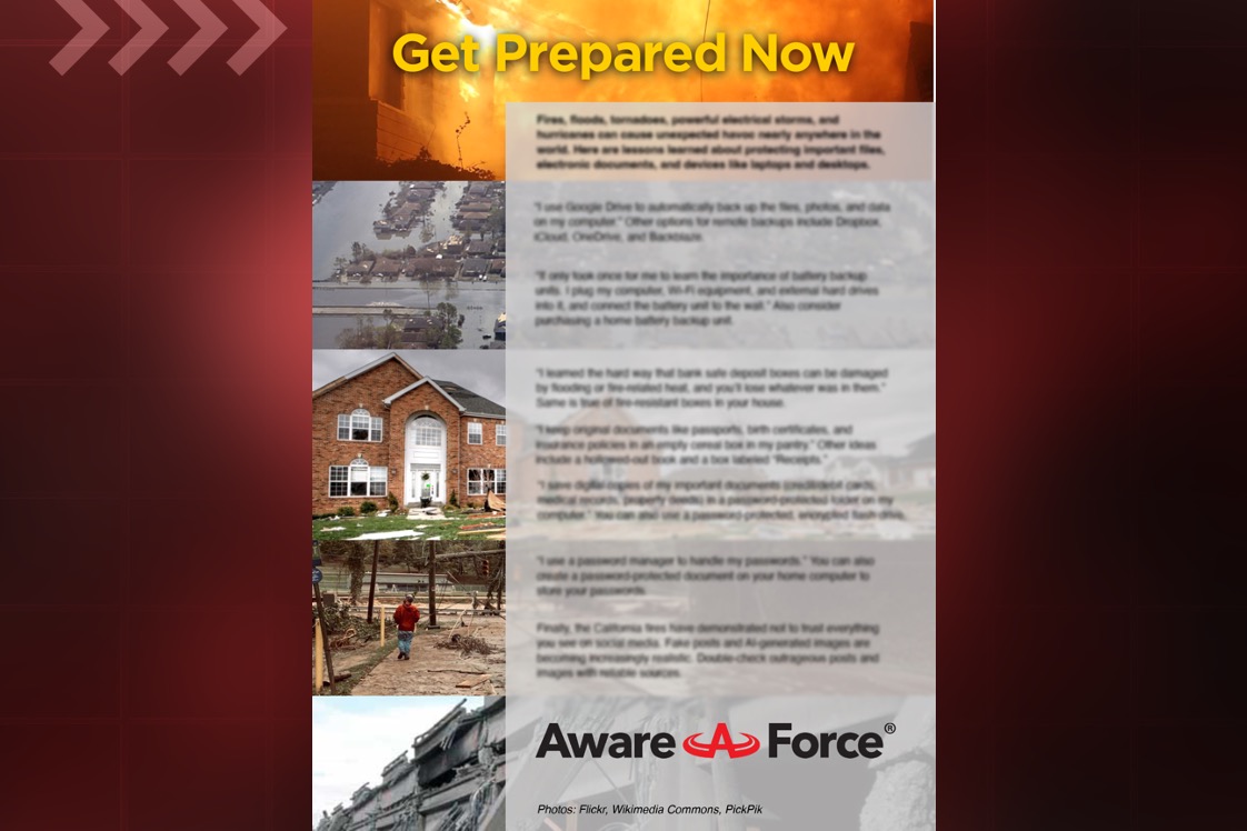 Natural disaster images on the left side of the page. Information on the right